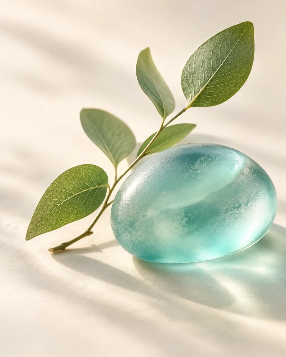 Green leaves beside a translucent turquoise glass form